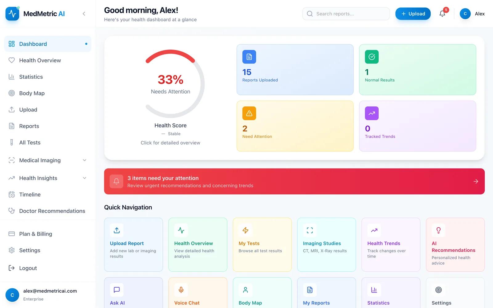 The MedMetric AI dashboard — health score, reports, and what needs attention